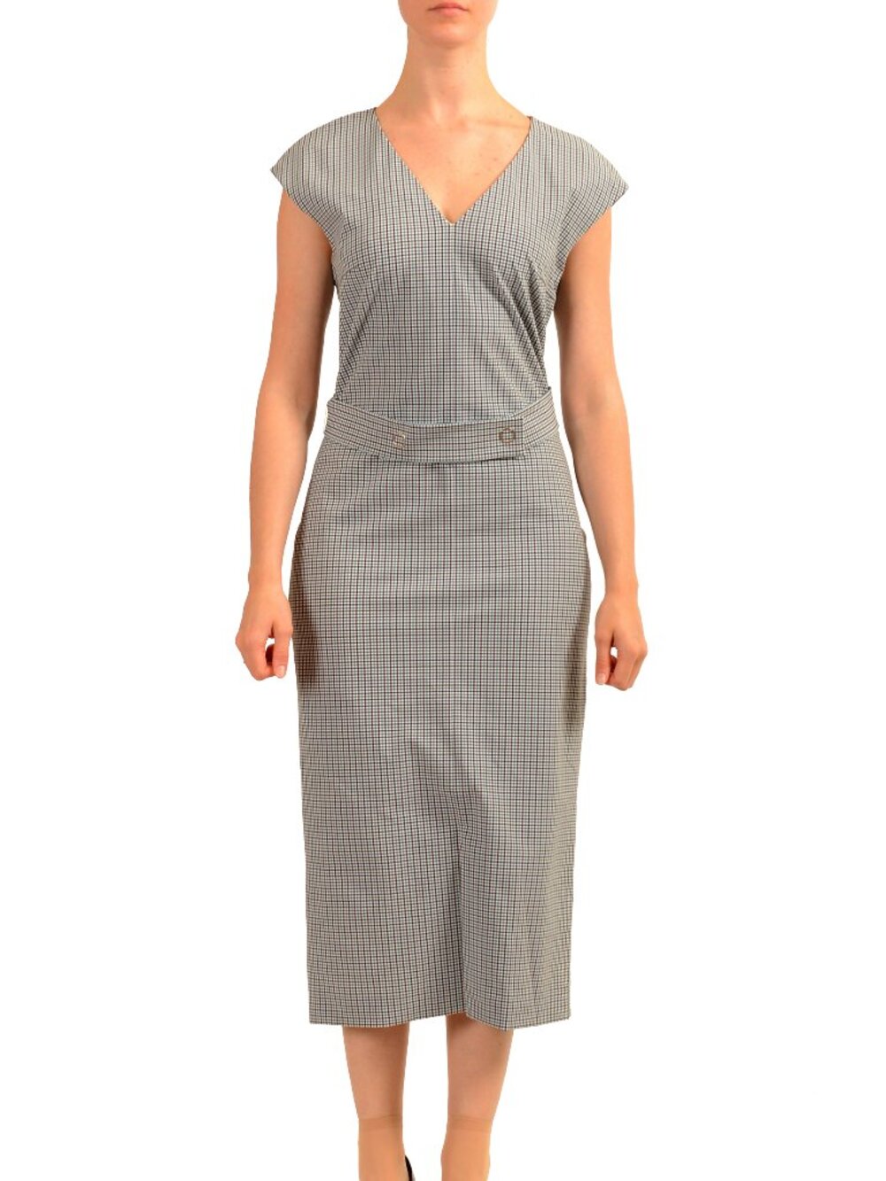 Hugo Boss Women's "Dadoa" Plaid V-Neck Sleeveless Belted Pencil Dress US S IT 40